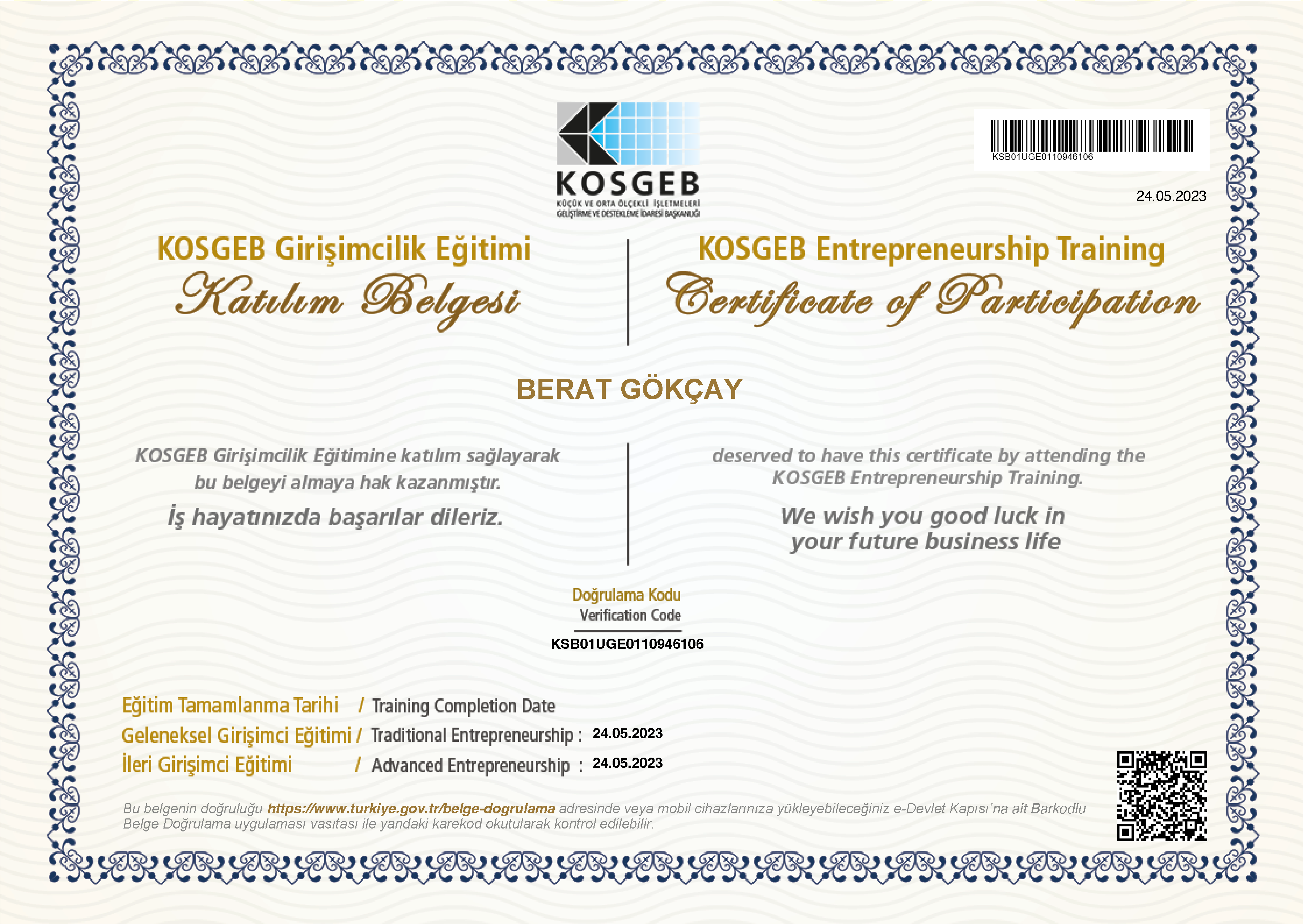 KOSGEB Girişimcilik Belgesi
